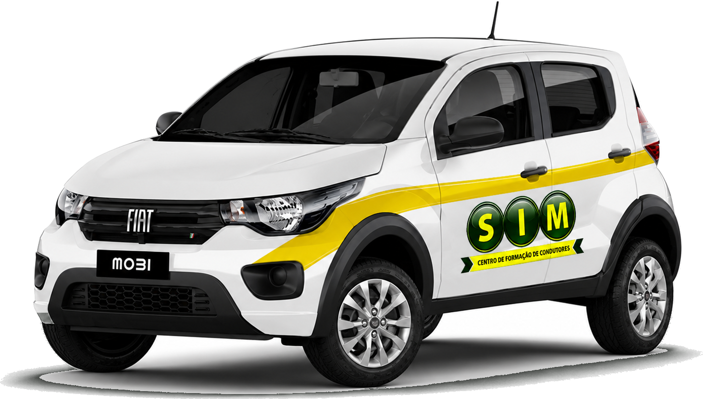 Fiat Mobi branco da Auto Escola SIM com faixa amarela e identidade SIM na lateral