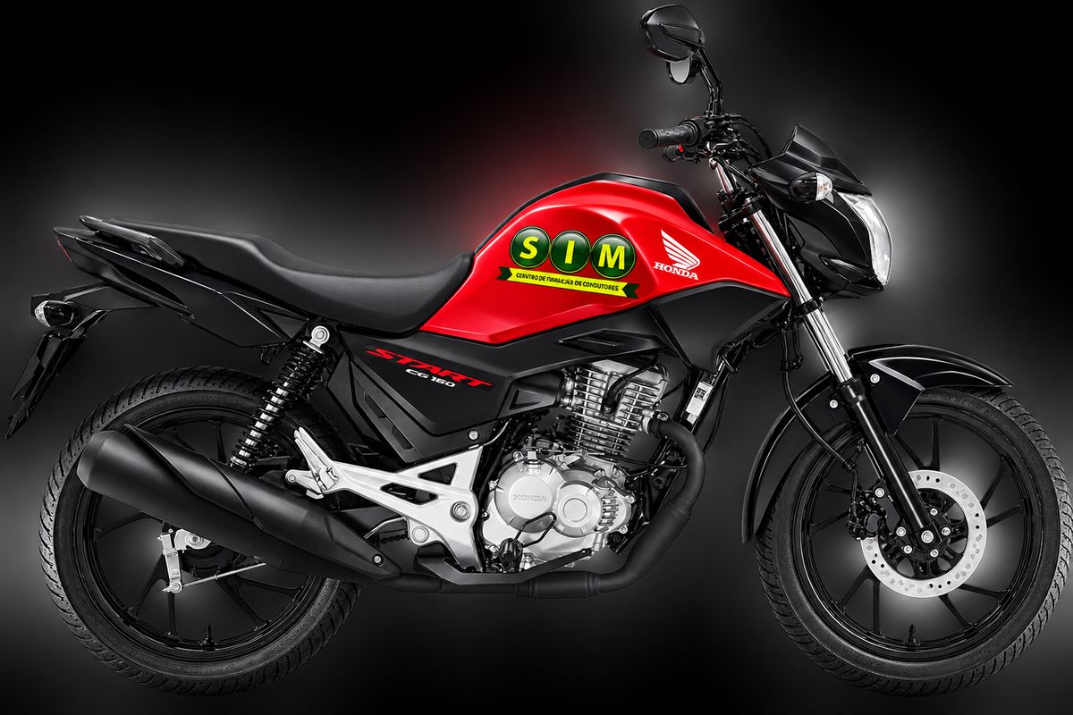 Motocicleta Honda CG 160 Start da Auto Escola SIM, com o logotipo da escola no tanque